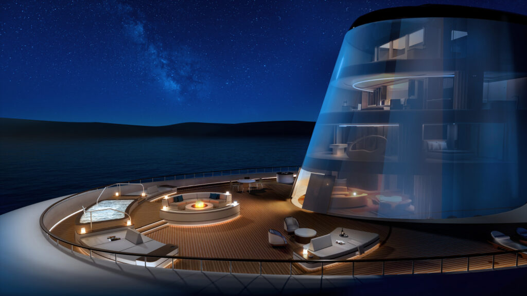 La suite la plus luxueuse, la « Funnel Suite », est nichée dans la partie vitrée du yacht