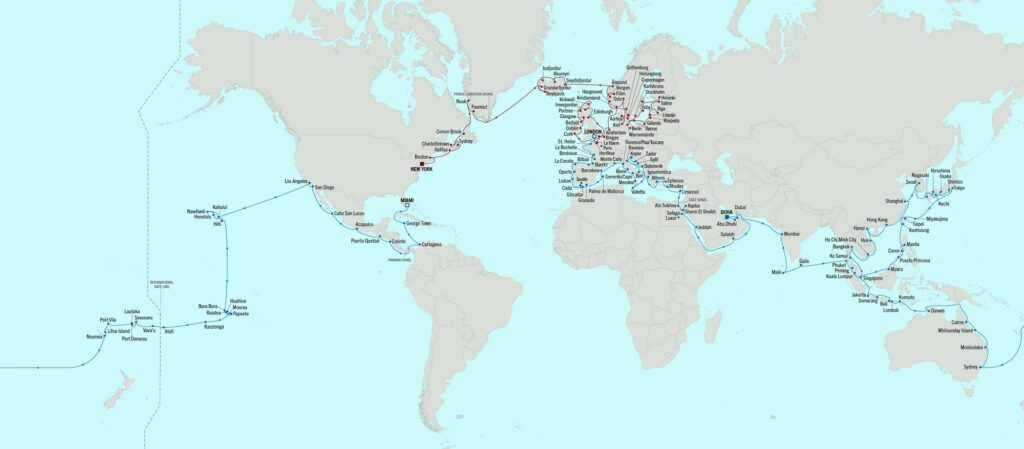 La carte du Voyage autour du monde d'Oceania Cruises en 2027