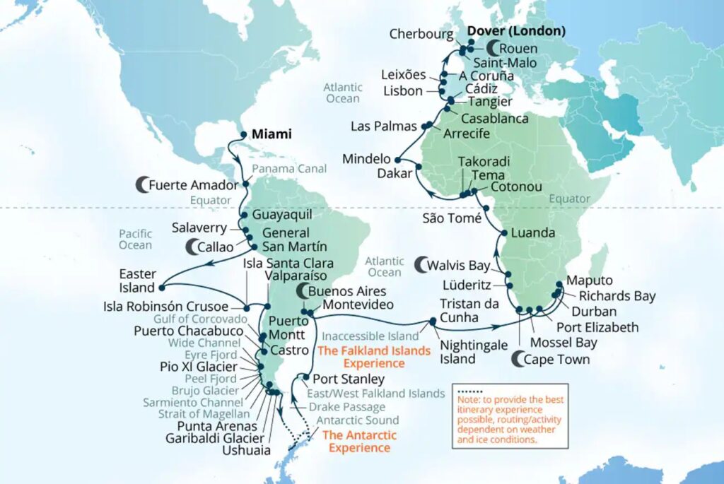 Carte de l'itinéraire de la croisière tour du monde de Seabourn "Cape to Cape" 2028