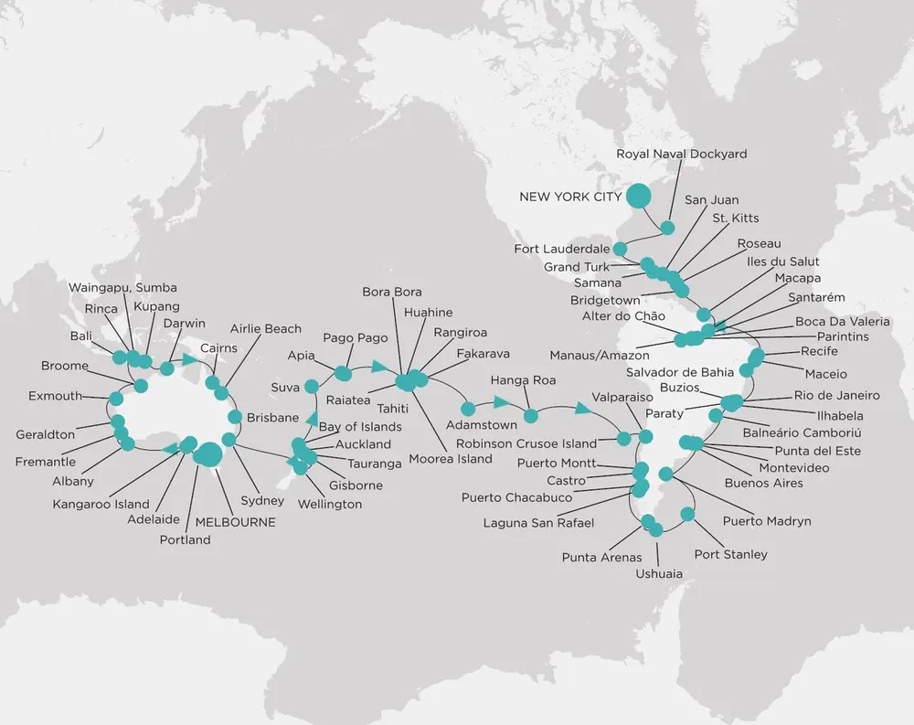 Carte de l'itinéraire du Tour du Monde en croisière Crystal