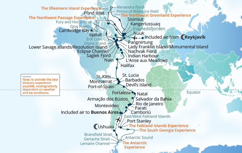 Carte de la Grande Expédition Pôle à Pôle 2028 de Seabourn