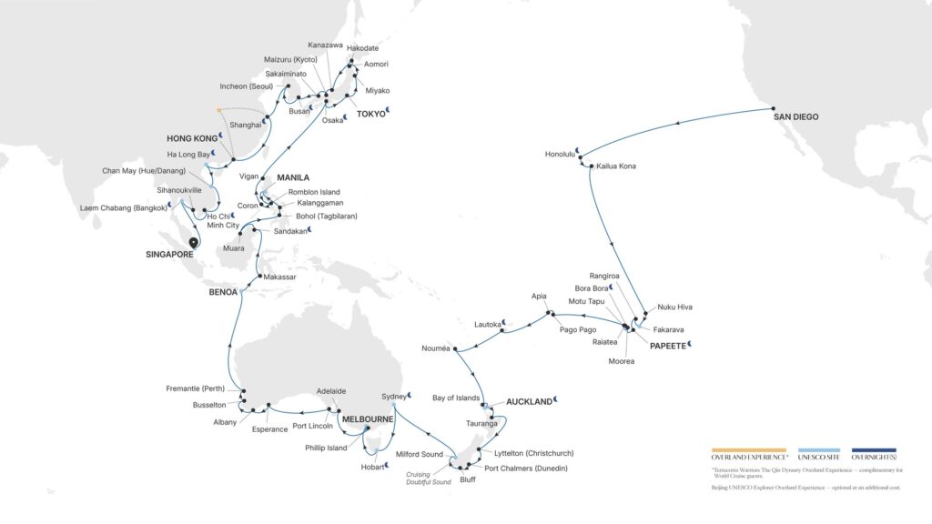 Itinéraire de la croisière tour du monde Silversea en 2029