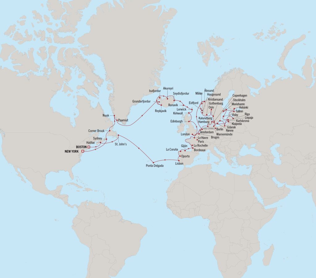 Carte du Grand Voyage 2028 d'Oceania Cruises dans l'hémisphère Nord
