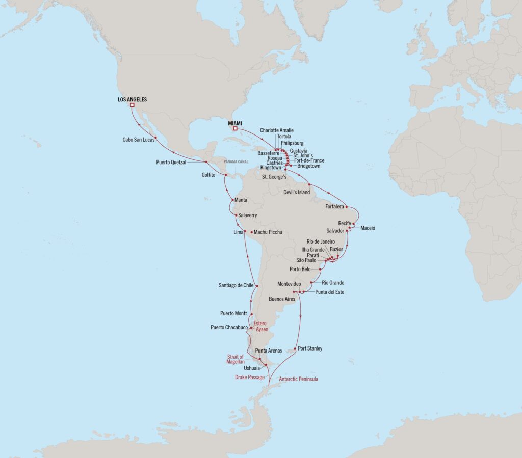 Carte du Grand Voyage 2028 d'Oceania Cruises en Amérique du Sud en Antarctique